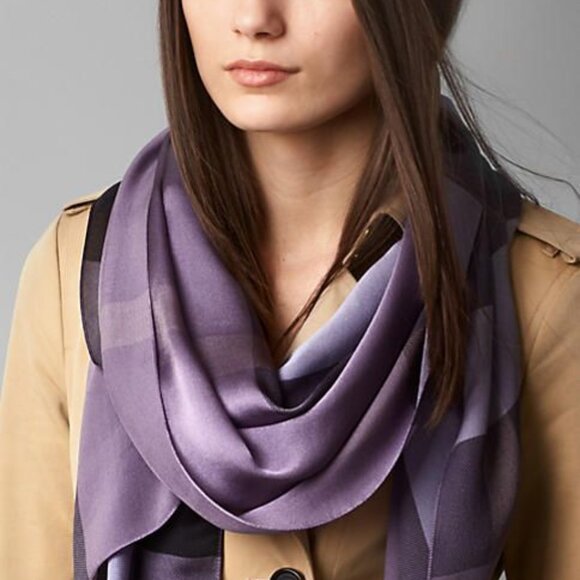 Display #1 Burberry Check Print Purple Satin Silk Scarf - Picture 13 of 16